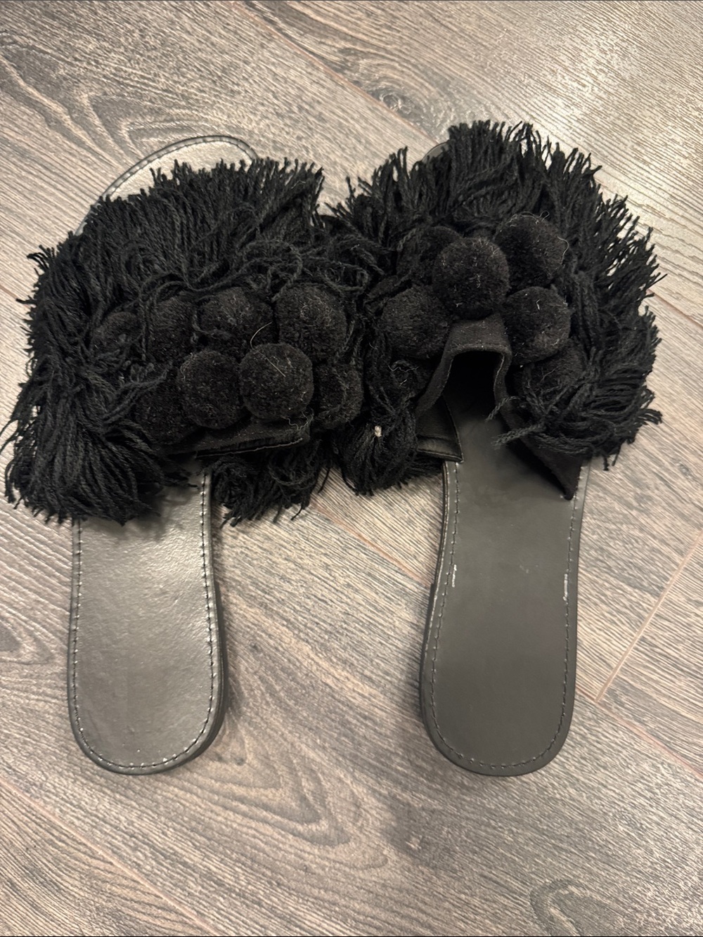 Forever 21 Black Pom-Pom & Fringe Slide Mules